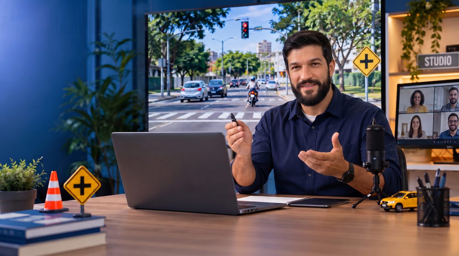 Instrutor ministrando aula online ao vivo sobre legislação e educação de trânsito