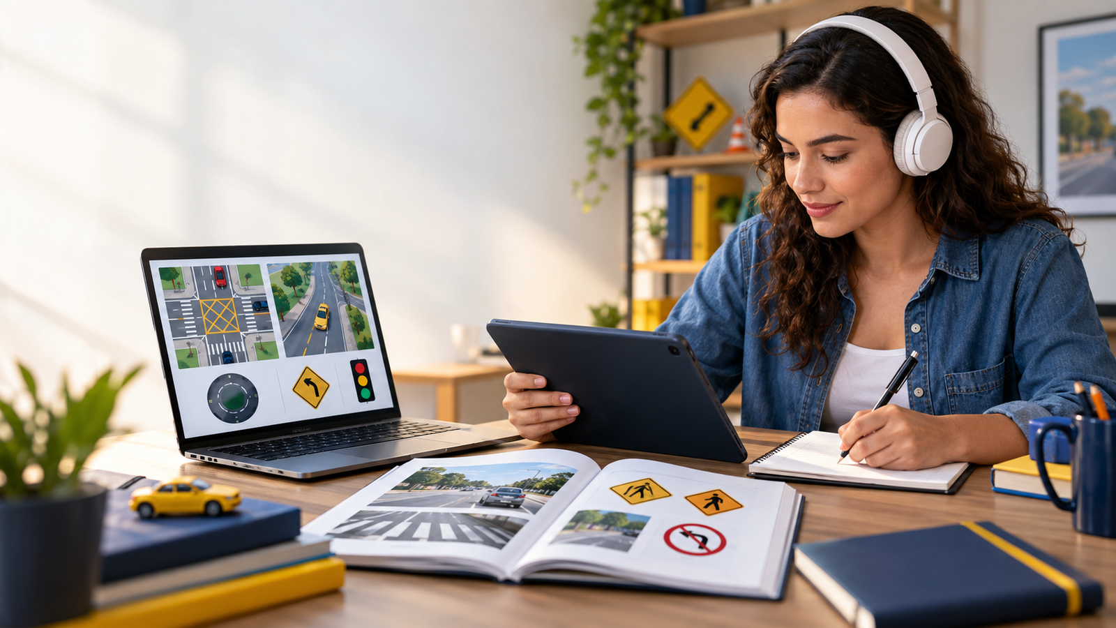 Aluna estudando materiais digitais e apostilas de educação de trânsito